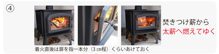 4.着火直後は扉を3cmくらい開けて十分空気を入れ、下の太薪まで延焼したら扉を閉じる