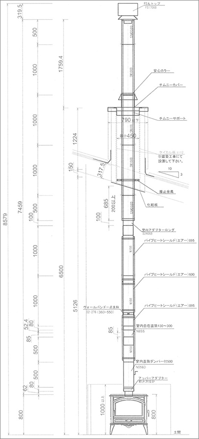 屋根出しチムニー型二階建吹抜けあり 勝手にキレイ(断熱二重煙突) 煙突